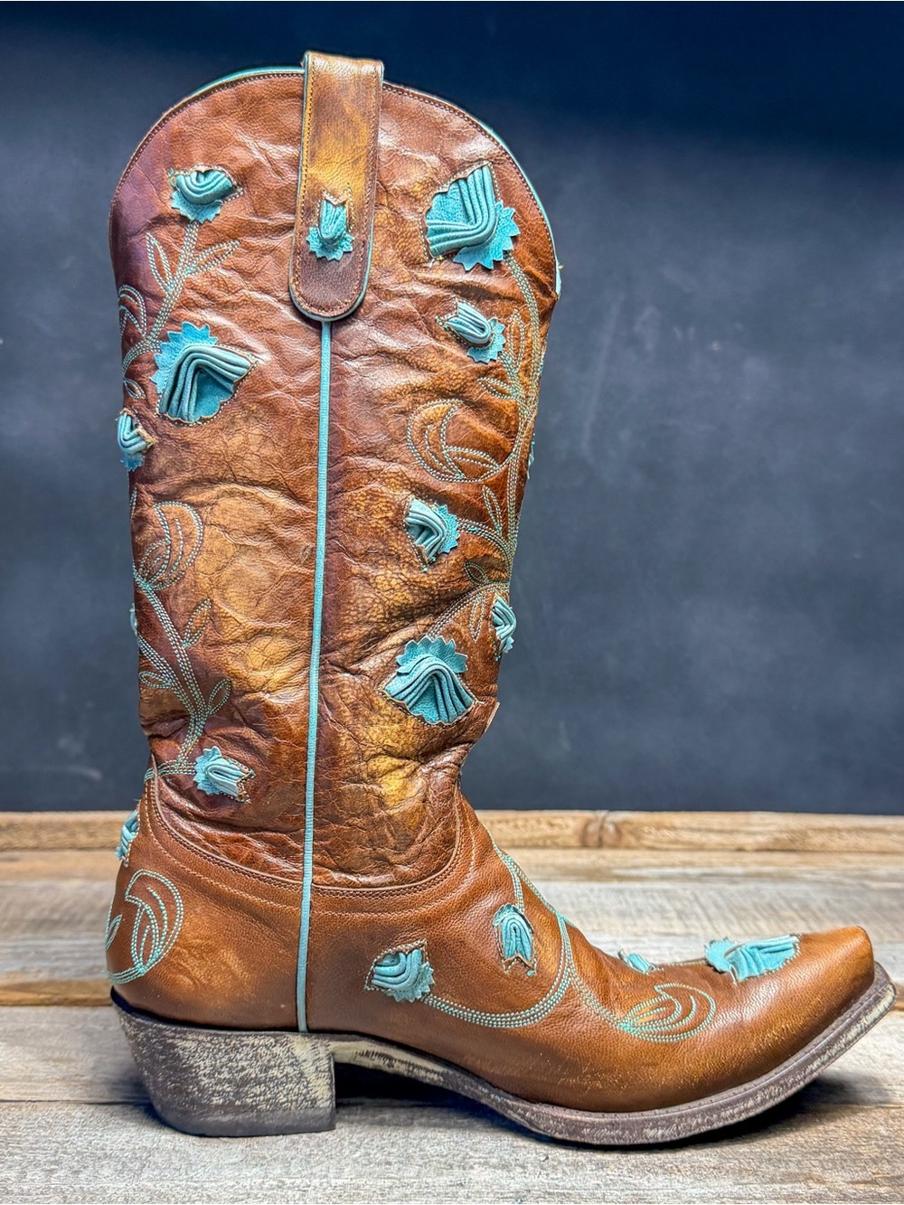 Old Gringo Embroidered Tall Leather Cowgirl Boots - Brown with Turquoise Accent - Picture 9 of 11